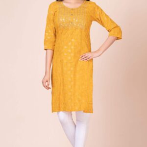 Elegance Embroidered Kurti For Women Yellow