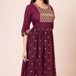 Womens Maroon Cotton Gown with Gold Motif 3