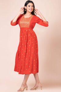 Womens Red Cotton Gown with Gold Motif 3