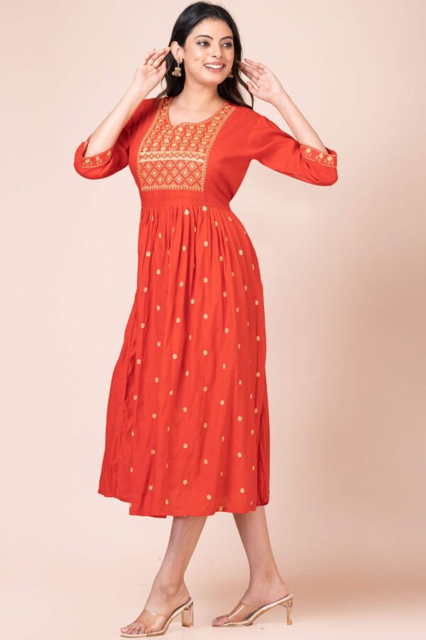 Womens Red Cotton Gown with Gold Motif 3 scaled