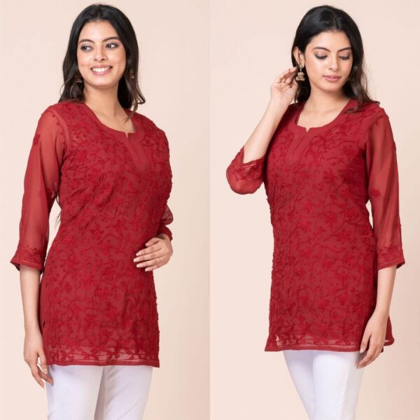 a collage of a woman in red