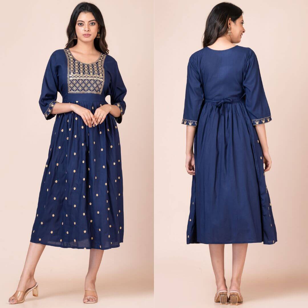 a woman in a blue dress