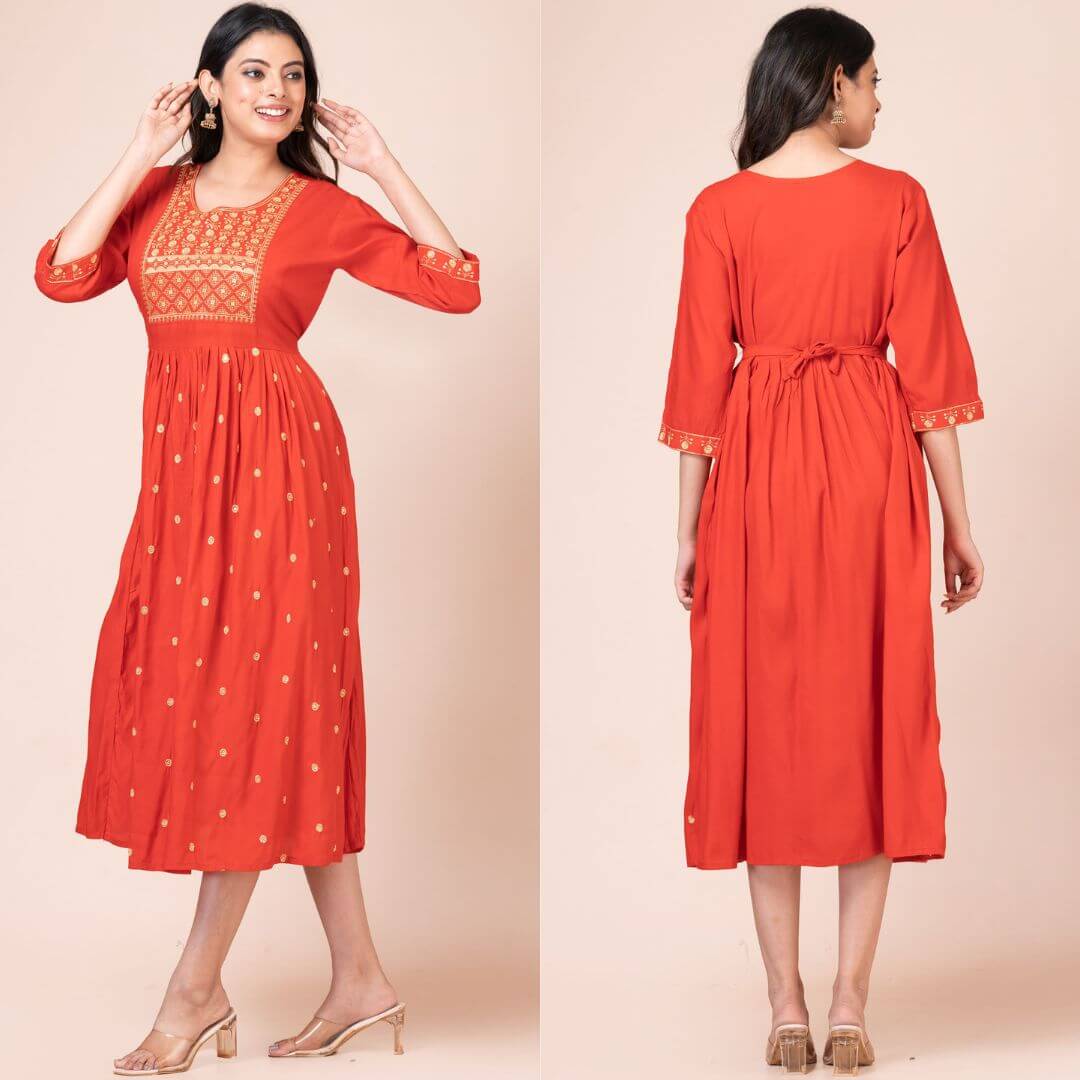 a woman in a red dress