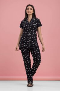 Dreamy Night Suits for Women Cotton Printed Night Dress Black Color Night Suit Set of Shirt and Pajama Set Sleepwear for Women 2