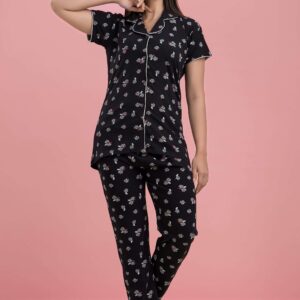 Dreamy Night Suits for Women Cotton Printed Night Dress Black Color Night Suit Set of Shirt and Pajama Set Sleepwear for Women 3