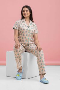 Dreamy Night Suits for Women Cotton Printed Night Dress Cream Color Night Suit Set of Shirt and Pajama Set Sleepwear for Women 1