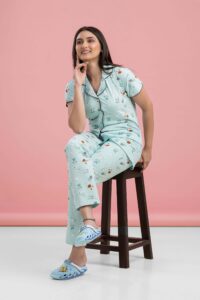 Dreamy Night Suits for Women Cotton Printed Night Dress Sky Color Night Suit Set of Shirt and Pajama Set Sleepwear for Women 1