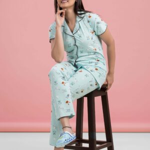 Dreamy Night Suits for Women Cotton Printed Night Dress Sky Color Night Suit Set of Shirt and Pajama Set Sleepwear for Women 1