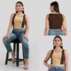 a collage of a woman sitting on a stool