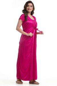 Womens Satin Nightgown And Robe Set Magenta Color 1