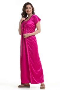 Womens Satin Nightgown And Robe Set Magenta Color