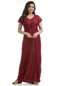 Womens Satin Nightgown And Robe Set Maroon Color 3