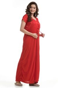 Womens Satin Nightgown And Robe Set Red Color 2