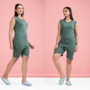 Elevate Your Sleepwear with Trendy Printed Shorts Night Suits Sets For Women - Green
