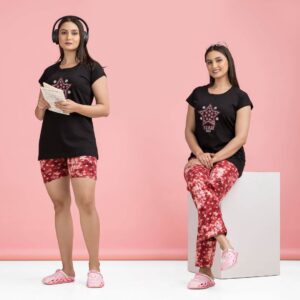 Printed T-shirt & Pajama With Shorts - Night Suit Set for Women & Girls (Black & Red)