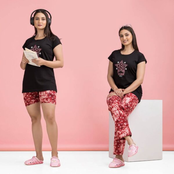 Printed T-shirt & Pajama With Shorts - Night Suit Set for Women & Girls (Black & Red)