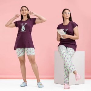 Printed T-shirt & Pajama With Shorts - Night Suit Set for Women & Girls (Purple & Sky)