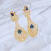 Gold-Plated Lattice Teardrop Earrings with Blue Cabochon Stone | Designer American Diamond Statement Jewelry for Women & Girls