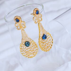 Gold-Plated Lattice Teardrop Earrings with Blue Cabochon Stone | Designer American Diamond Statement Jewelry for Women & Girls