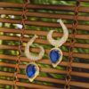 Sapphire Blue Teardrop American Diamond Earrings | Crescent Gold-Plated Statement Earrings for Women
