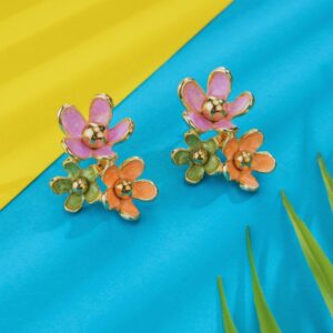 Triple flower enamel earrings in pastel pink, green, and peach with gold-plated anti-tarnish finish from Tito’s Fashion House