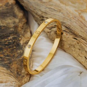 Men’s Anti-Tarnish Gold-Tone Screw Motif Bracelet with Stone Studs