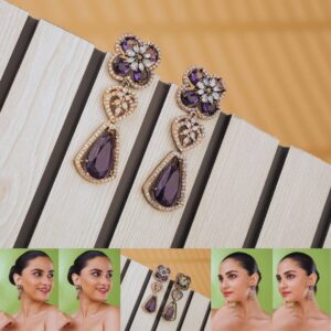 Elegant Floral Drop American Diamond Earrings – Navy Blue & Gold Finish