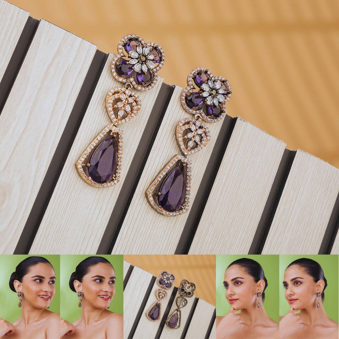 Elegant Floral Drop American Diamond Earrings – Navy Blue & Gold Finish