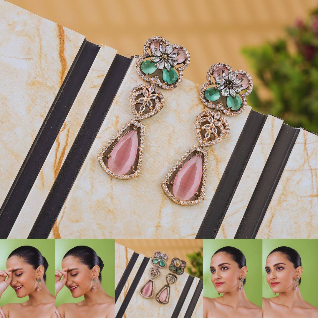 Elegant Floral Drop American Diamond Earrings – Rose Gold & Pastel Pink