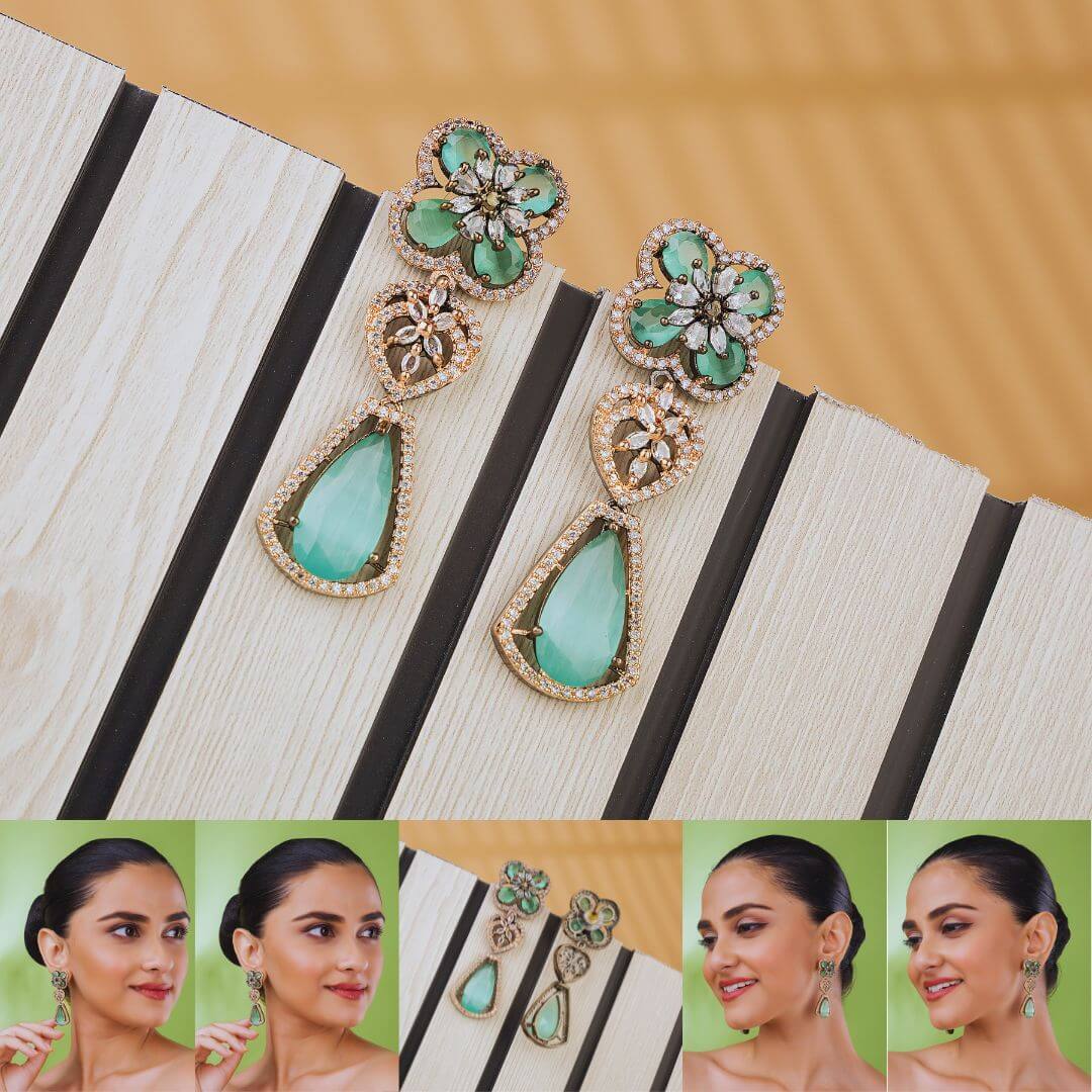 Elegant Green Stone American Diamond Drop Earrings