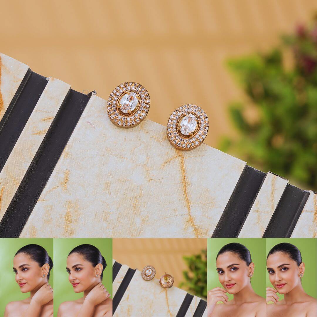 Grace Oval American Diamond Stud Earrings – Rose Gold Finish