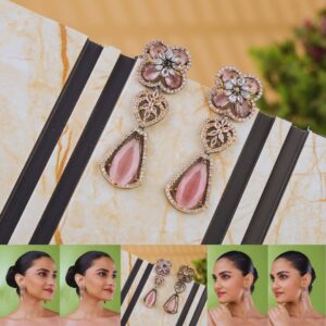 Rose Bloom American Diamond Dangler Earrings - Pink Stone