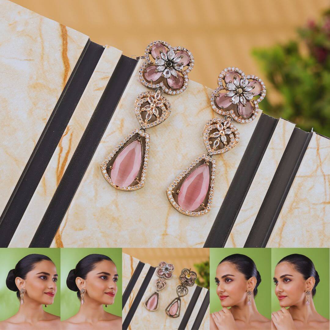 Rose Bloom American Diamond Dangler Earrings - Pink Stone