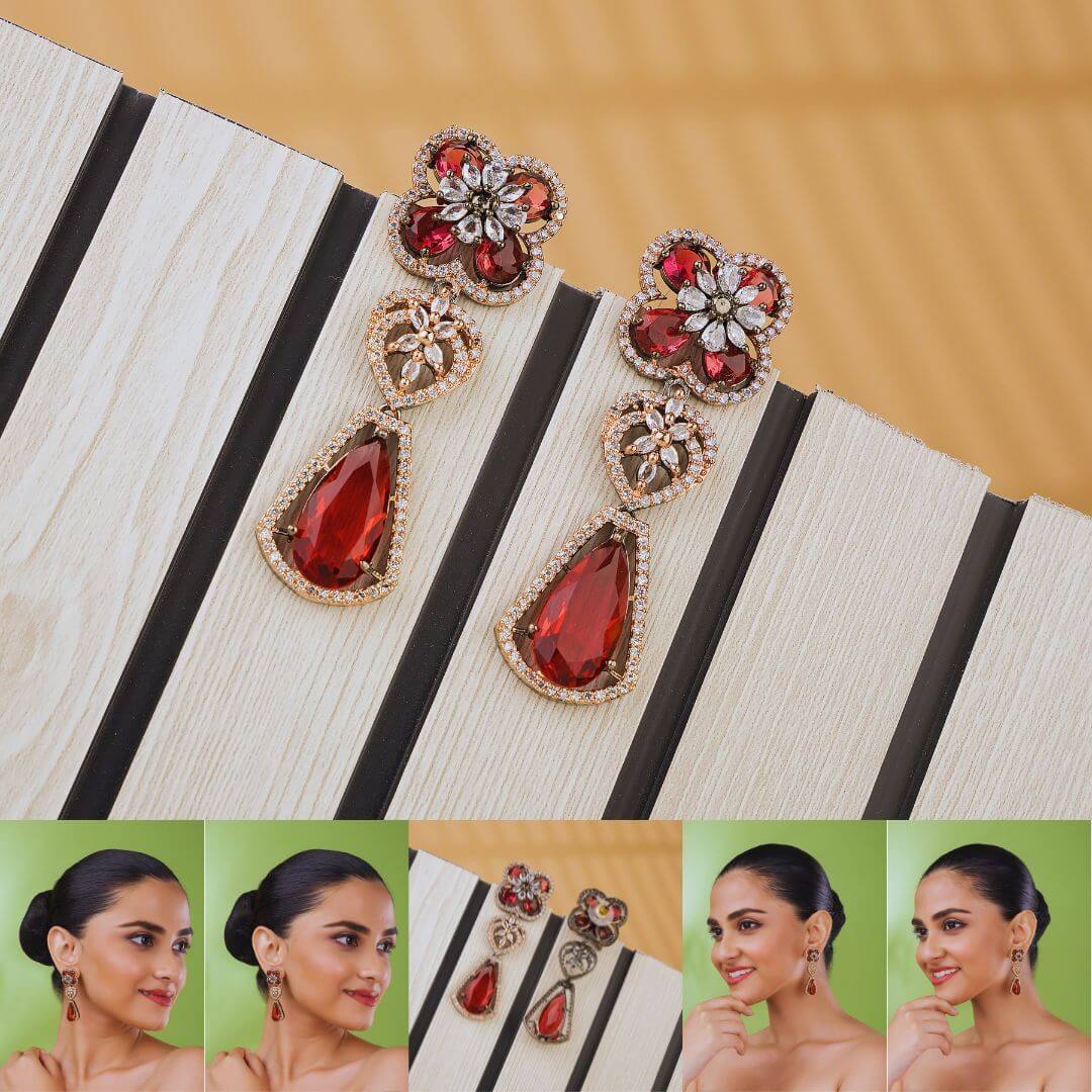 Royal Ruby Bloom American Diamond Earrings