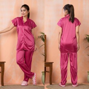 Ladies Cherry Pink Satin Night Suit Set