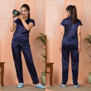Ladies Navy Blue Satin Night Suit Set