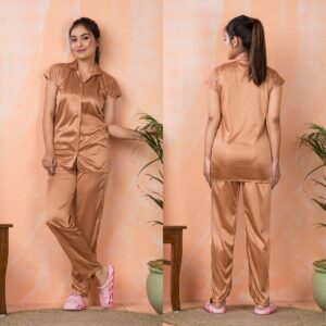 Ladies Peach Satin Night Suit Set