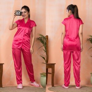 Ladies Pink Satin Night Suit Set