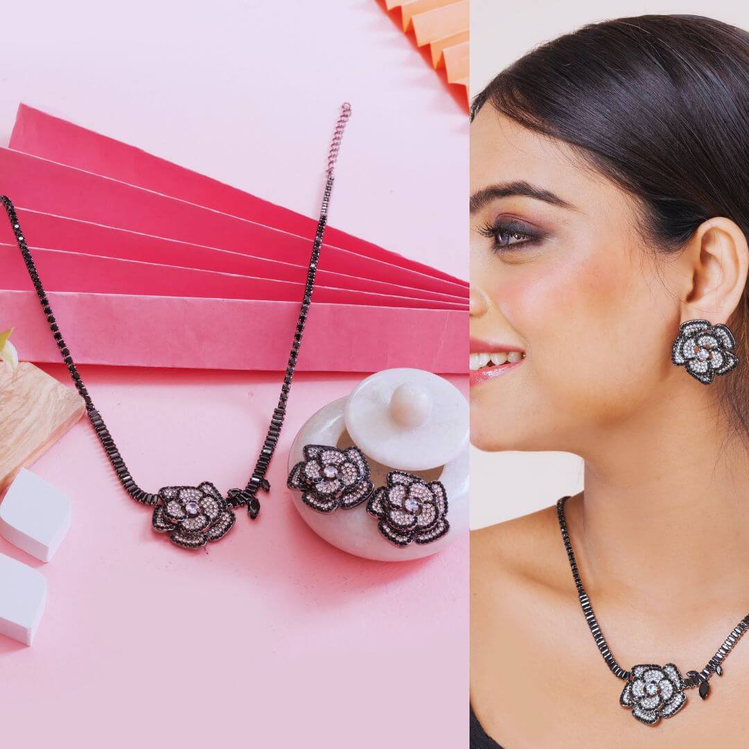 Black Rose American Diamond Jewellery Set (Necklace & Earrings)